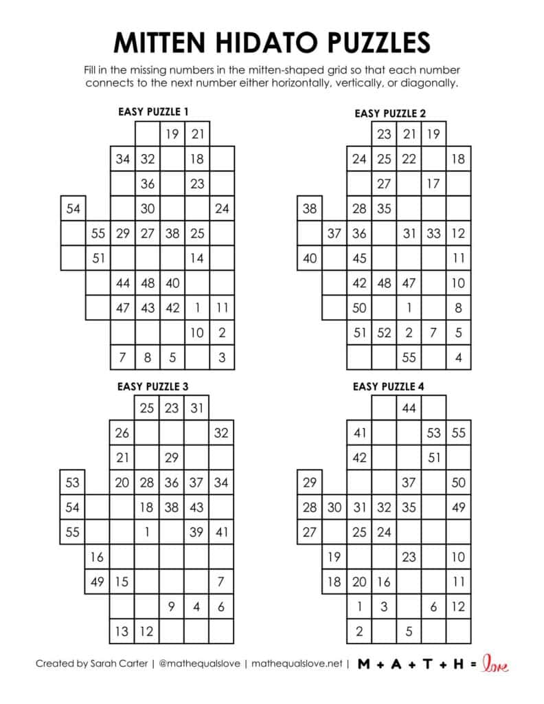 mitten hidato puzzles - easy 