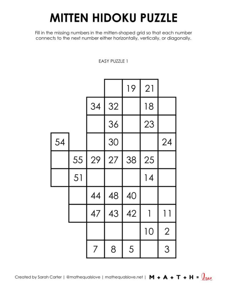 mitten hidoku logic puzzle for winter. 