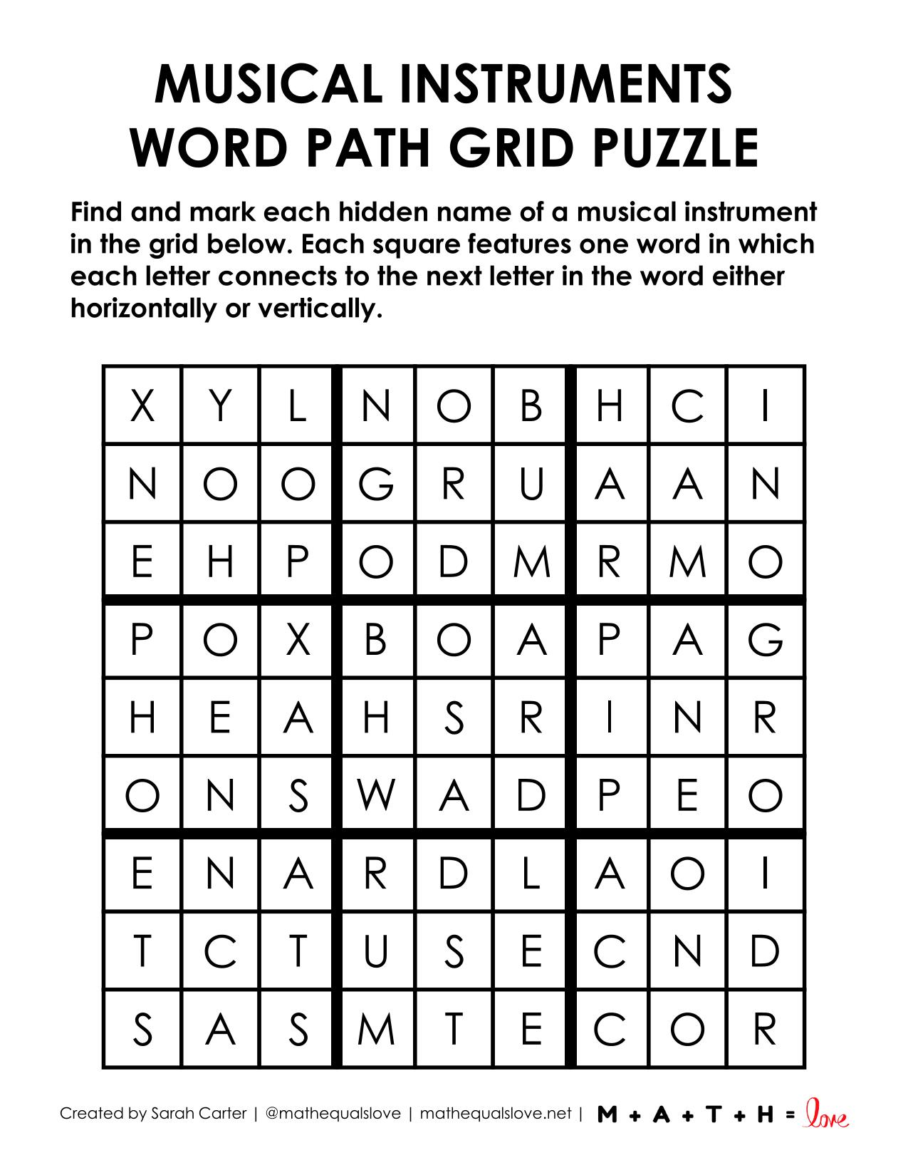 Musical Instruments Word Path Grid Puzzle | Math = Love