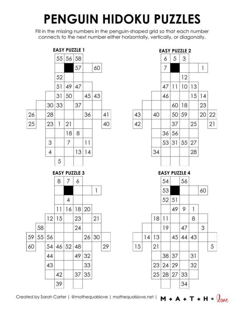 penguin hidoku logic puzzles - level easy. 