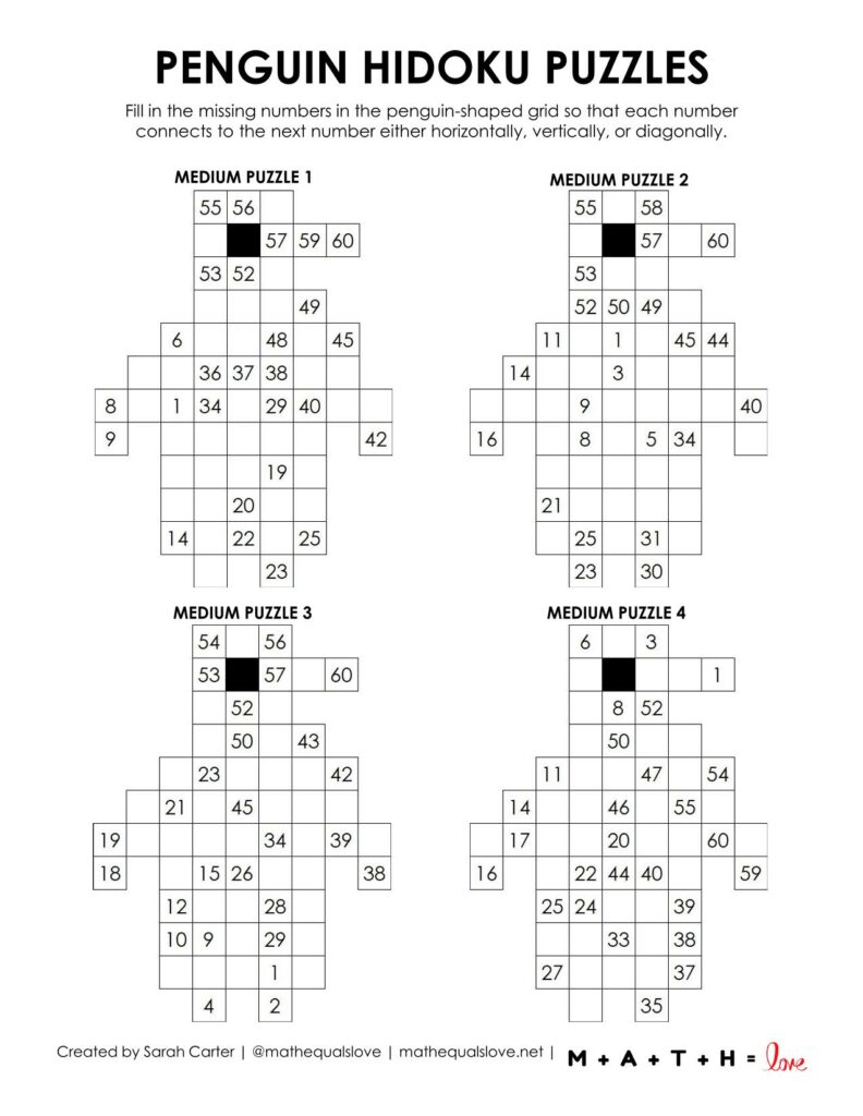 penguin hidoku puzzles level medium. 