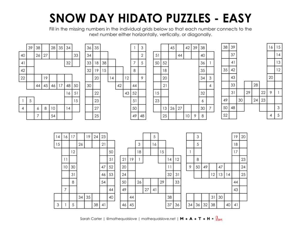 snow day hidato puzzle - level easy. 