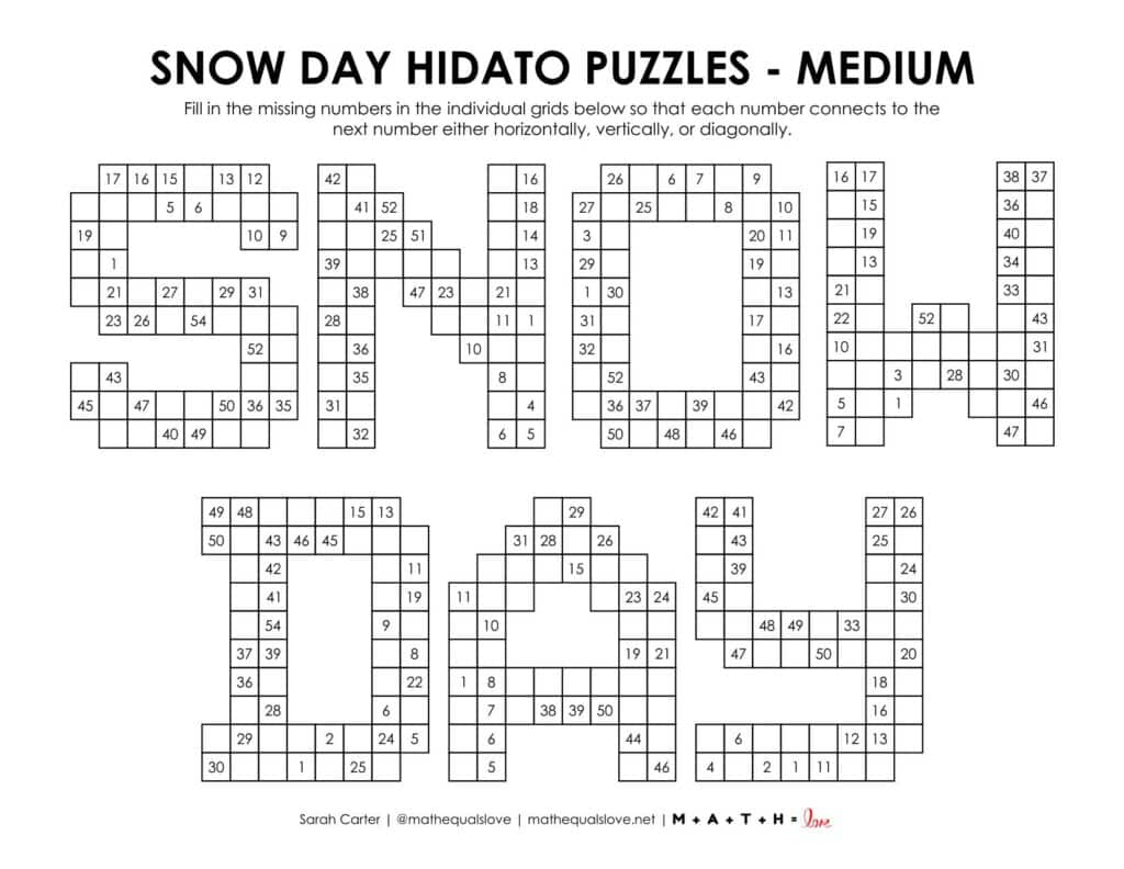 snow day hidato puzzle level medium. 