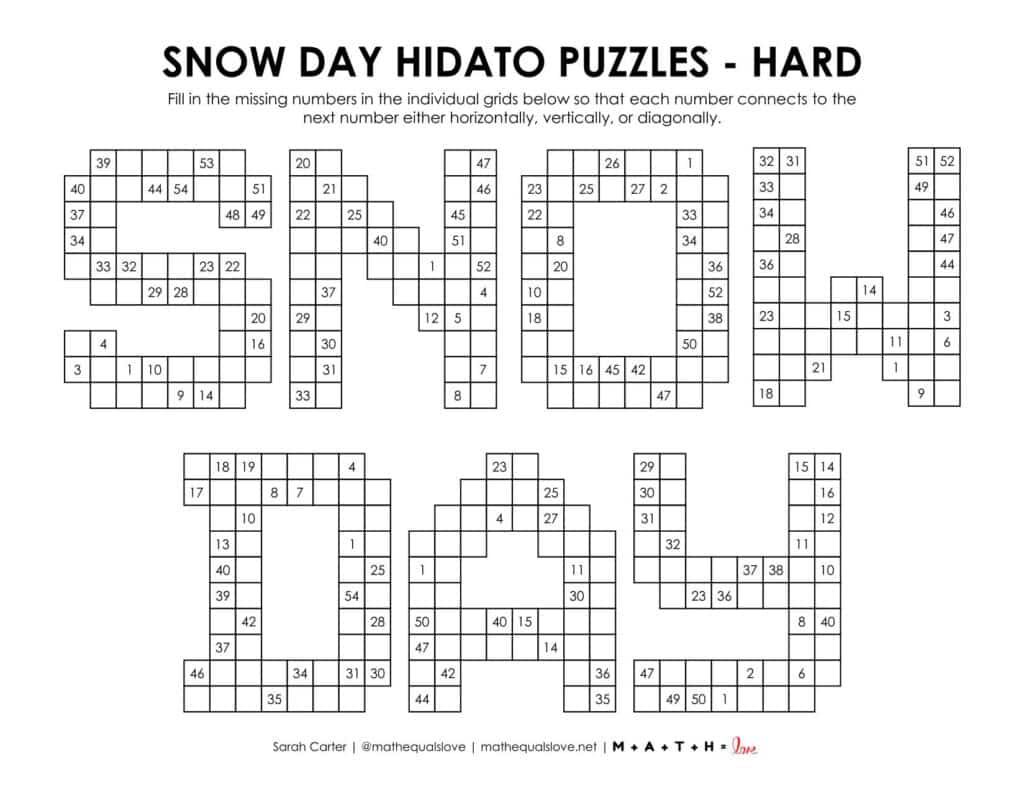 snow day hidato puzzle level hard.