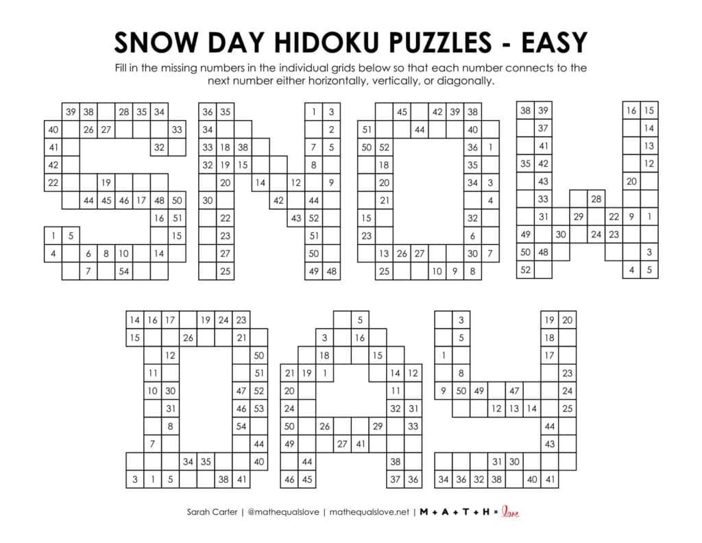 snow day hidoku logic puzzle - level easy. 