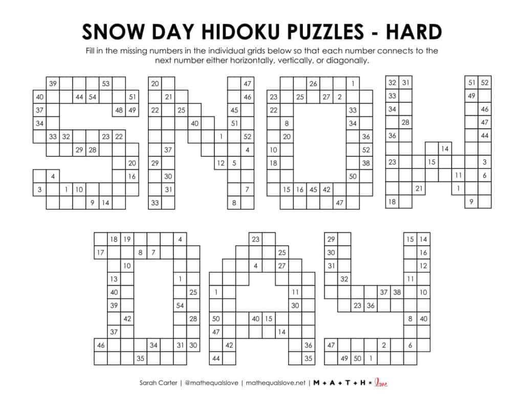 snow day hidoku puzzle - level hard. 