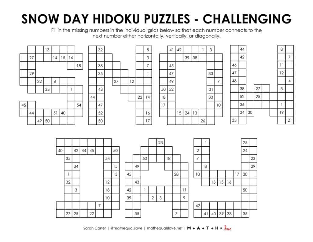 snow day hidoku logic puzzles - level challenging. 