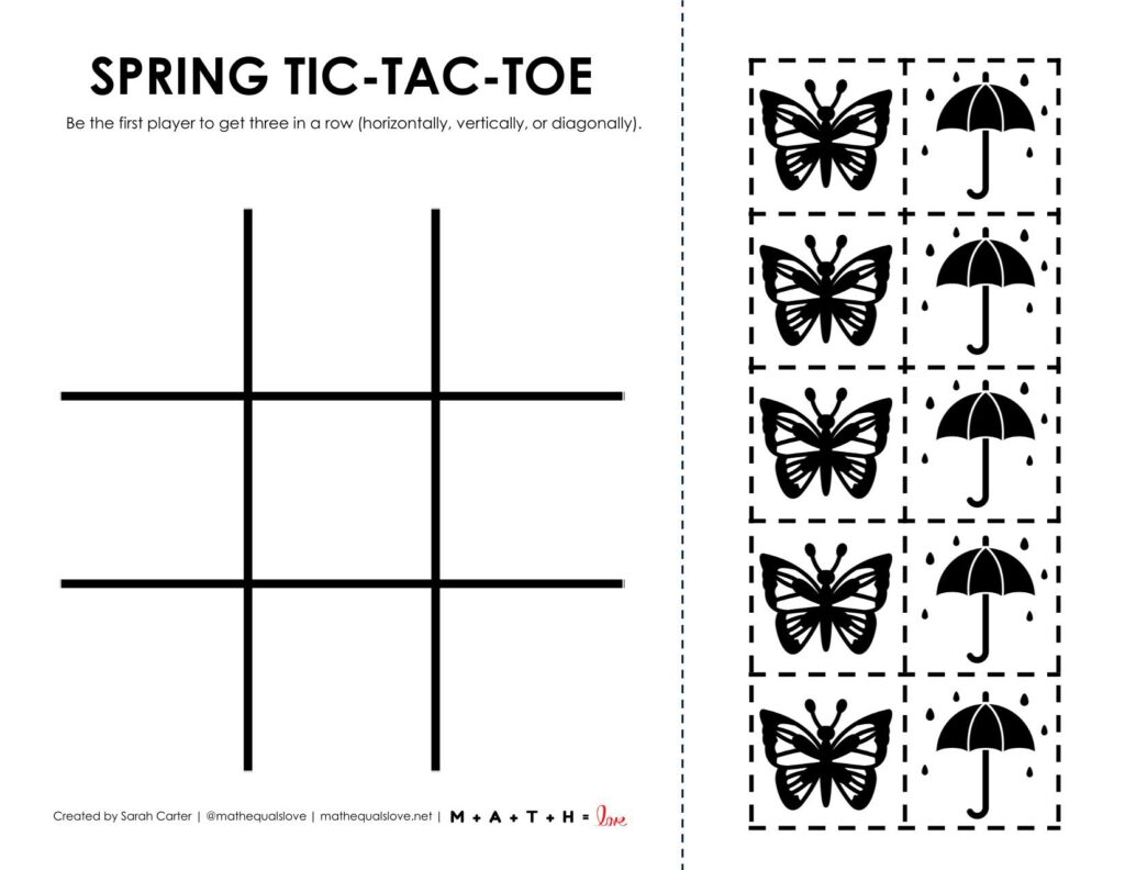 screenshot of spring tic tac toe game printable. 