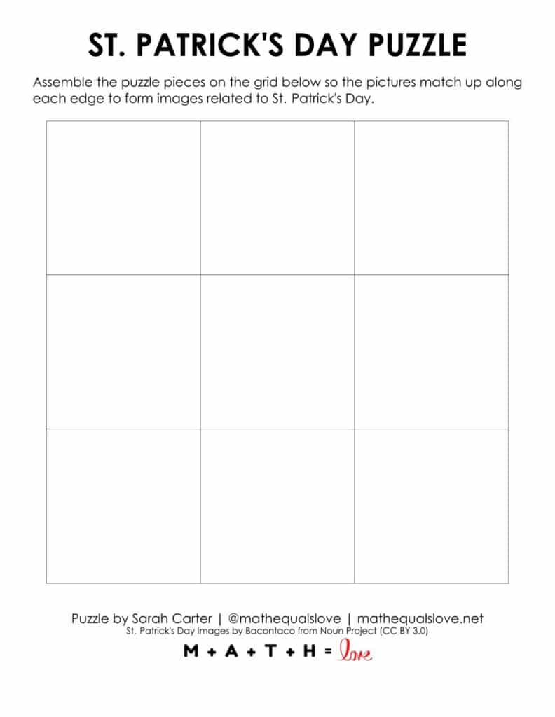 st patrick's day square edge matching puzzle solving grid. 