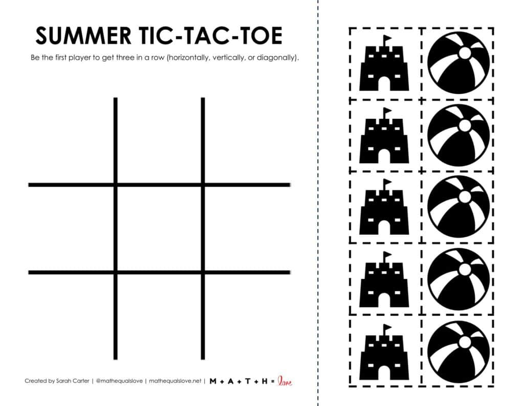 screenshot of summer tic tac toe game board printable. 