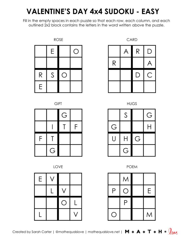 Valentines Day Sudoku 4x4 - Level Easy. 