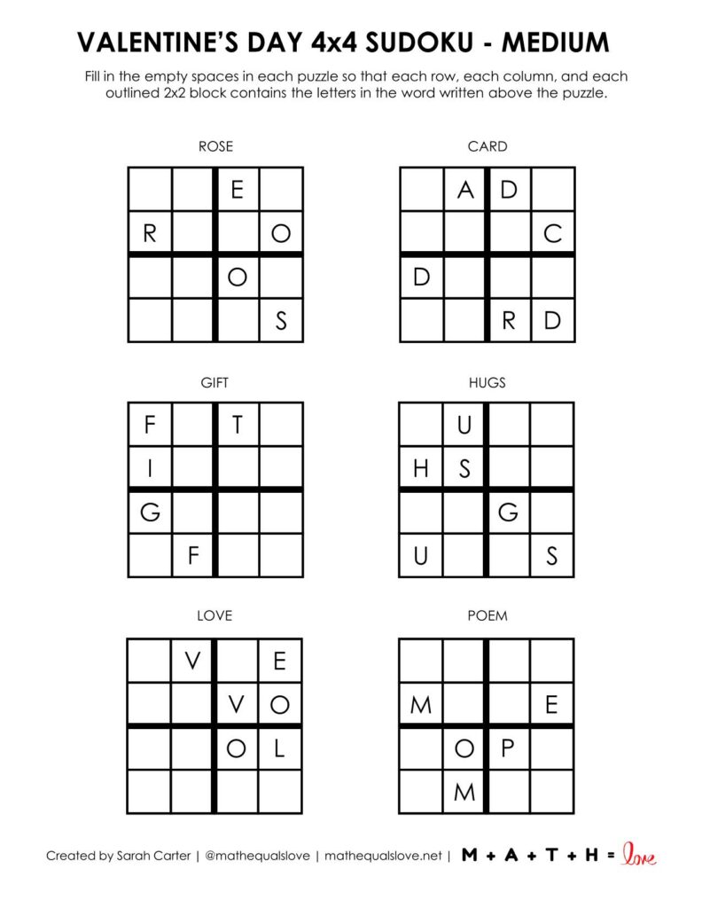 4x4 Valentine Sudoku - Level Medium. 