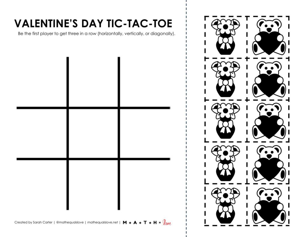 screenshot of valentines day tic tac toe game board printable. 