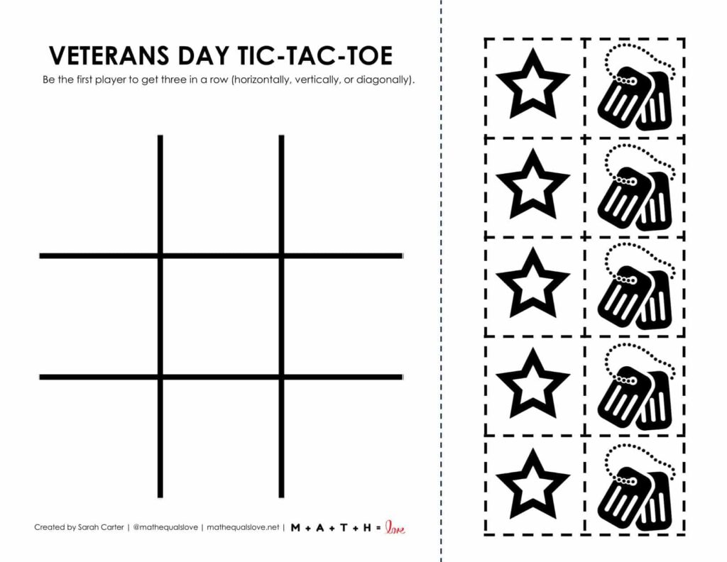 screenshot of veterans day tic tac toe game. 