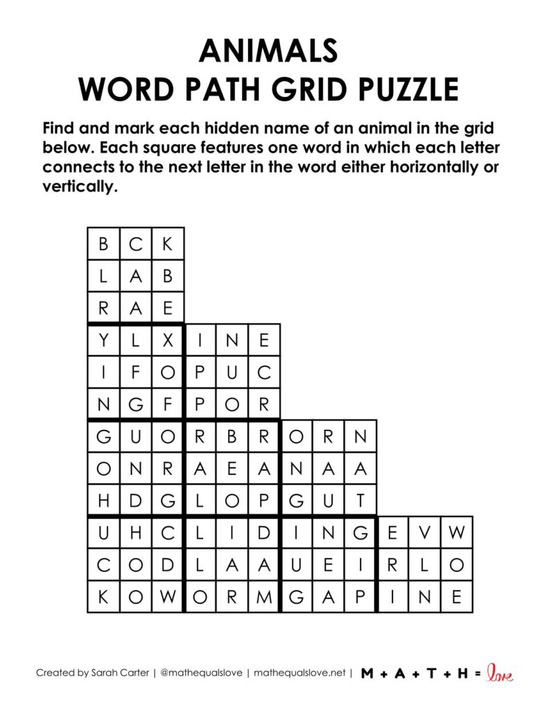 screenshot of animals word path grid puzzle. 