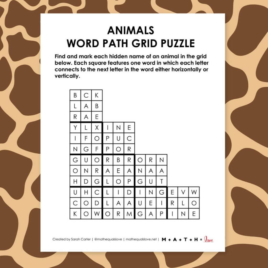 animals word path grid puzzle. 