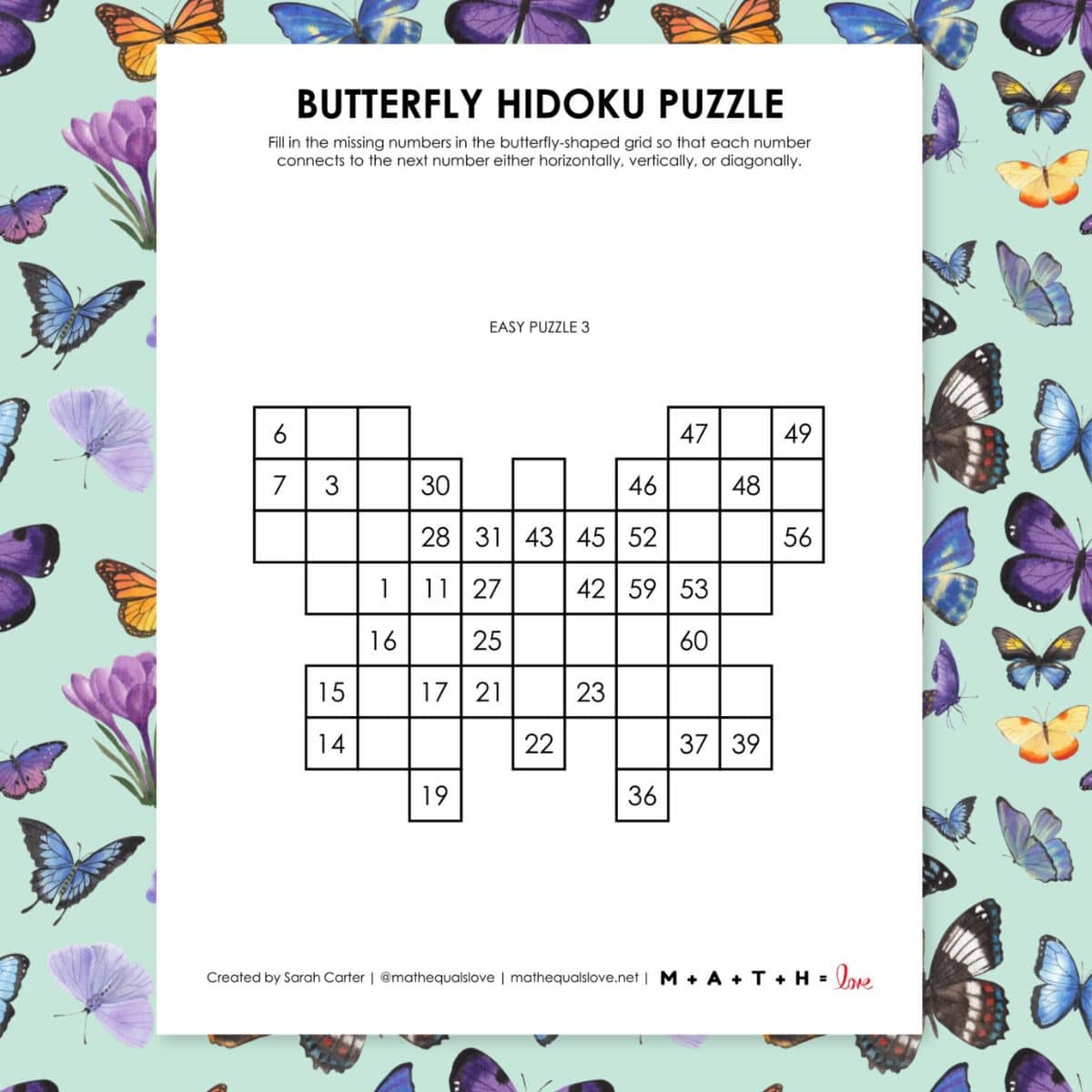 butterfly hidoku logic puzzle.