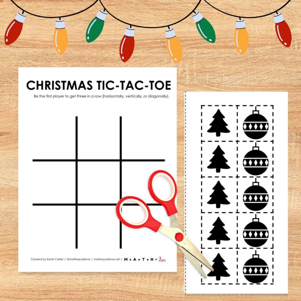 Christmas tic tac toe board with scissors. 