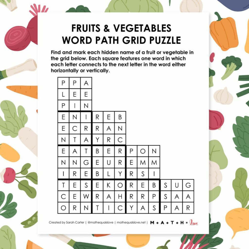 fruits and vegetables word path grid puzzle. 