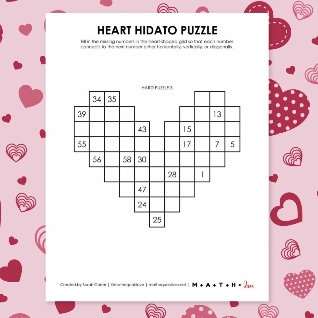 heart hidato logic puzzles for valentine's day. 