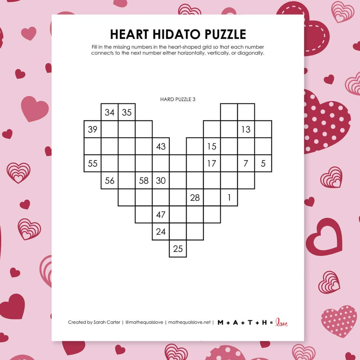 heart hidato logic puzzles for valentine's day.