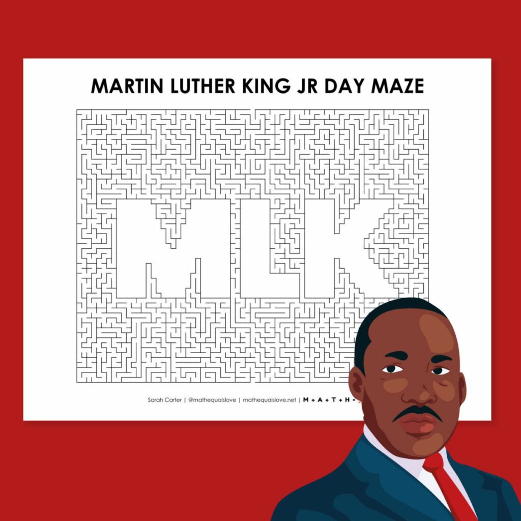 Martin Luther King Jr Day maze with MLK in rectangular maze grid. 