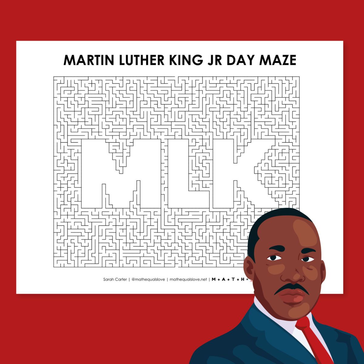 Martin Luther King Jr Day maze with MLK in rectangular maze grid.