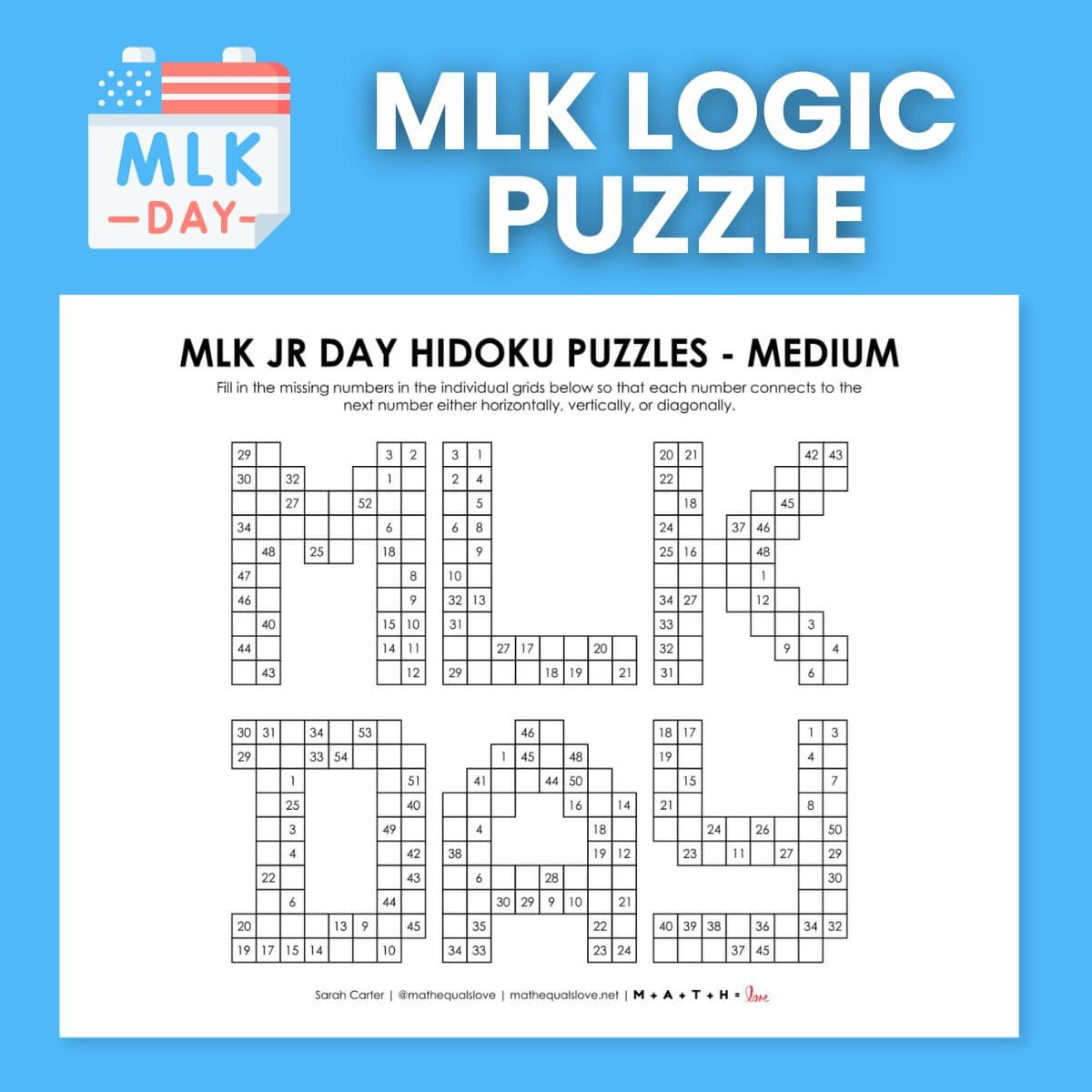 mlk day hidoku logic puzzle.