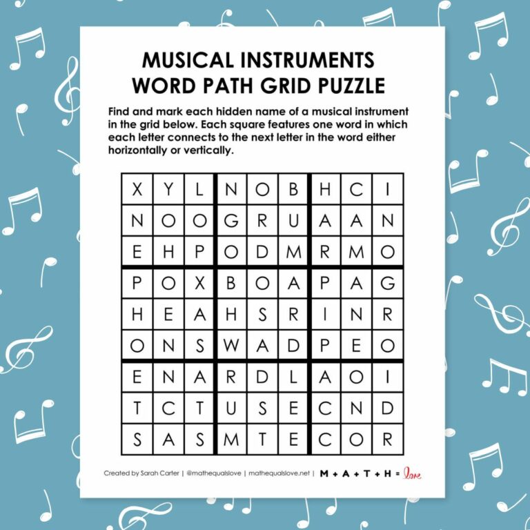musical instruments word path grid puzzle.