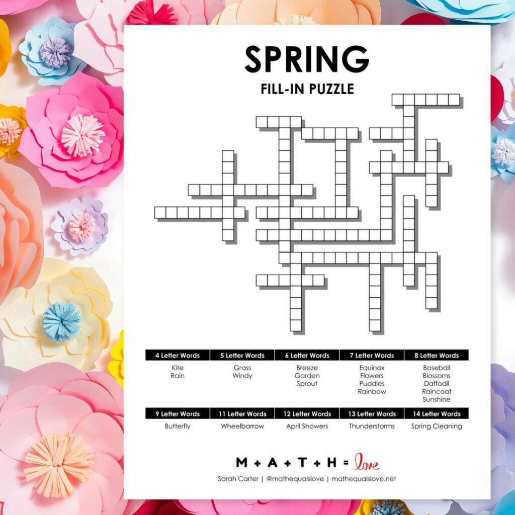 spring fill-in puzzle with paper flowers in background. 