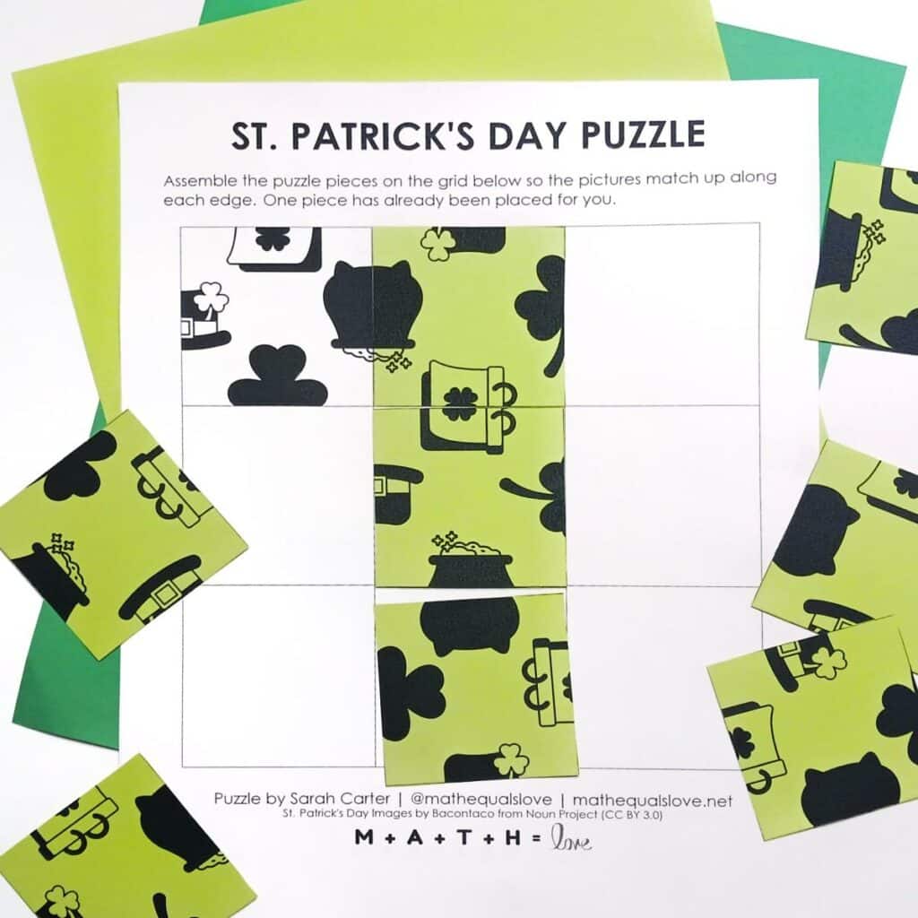 partially solved st patrick's day square edge matching puzzle. 