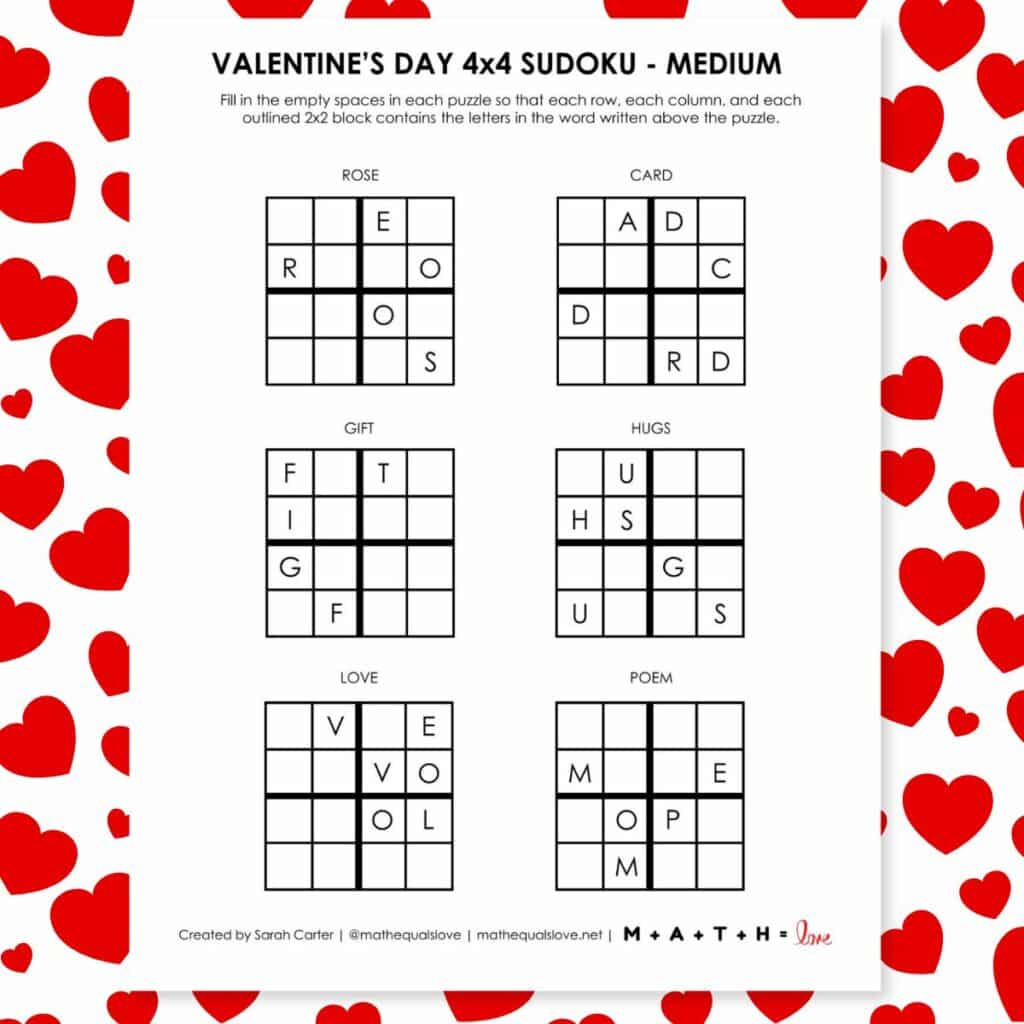 Valentine's Day Sudoku with Words Free Printable. 