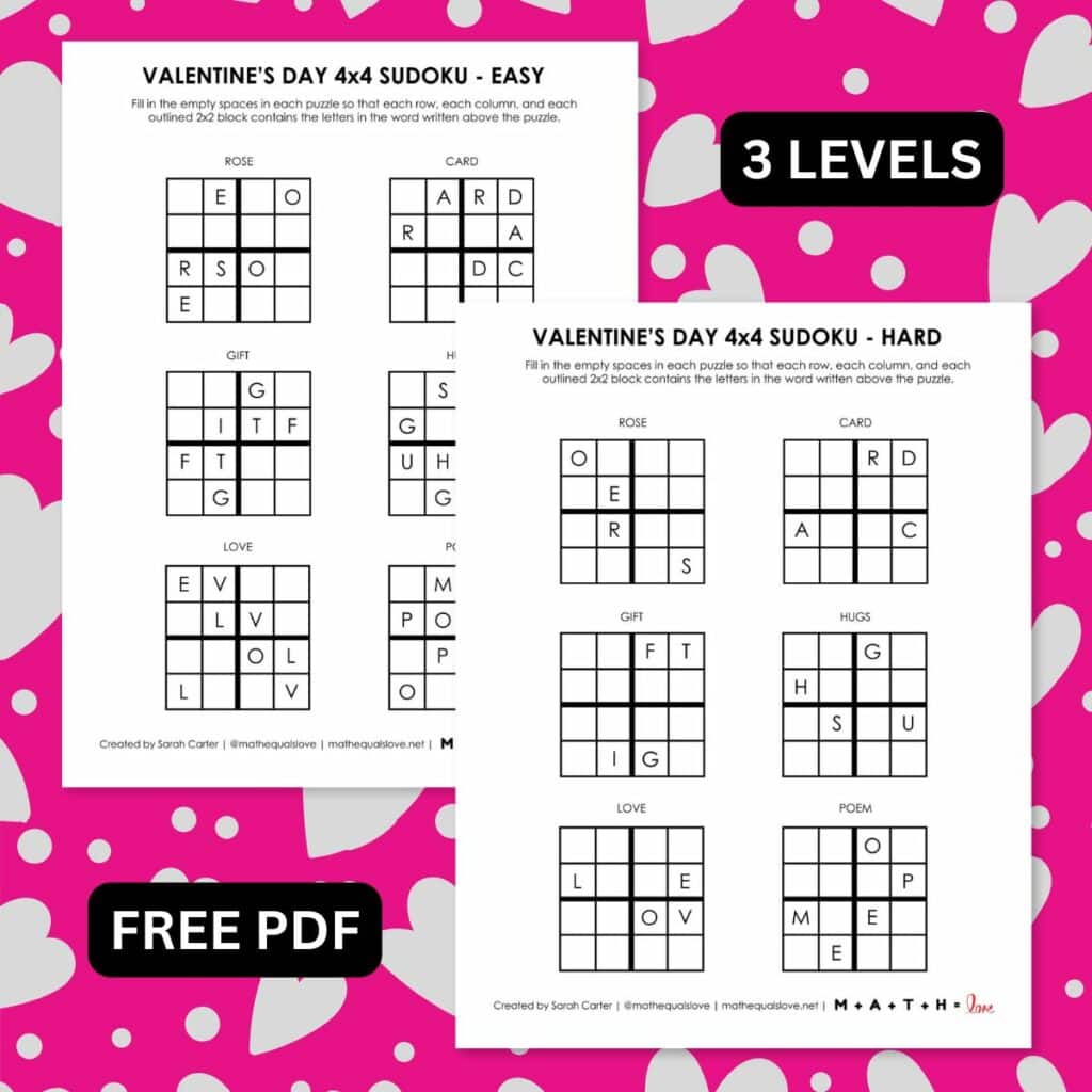 Valentines 4x4 Sudoku Puzzles with Words printable. 