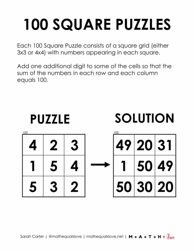 instruction page for 100 square logic puzzles. 