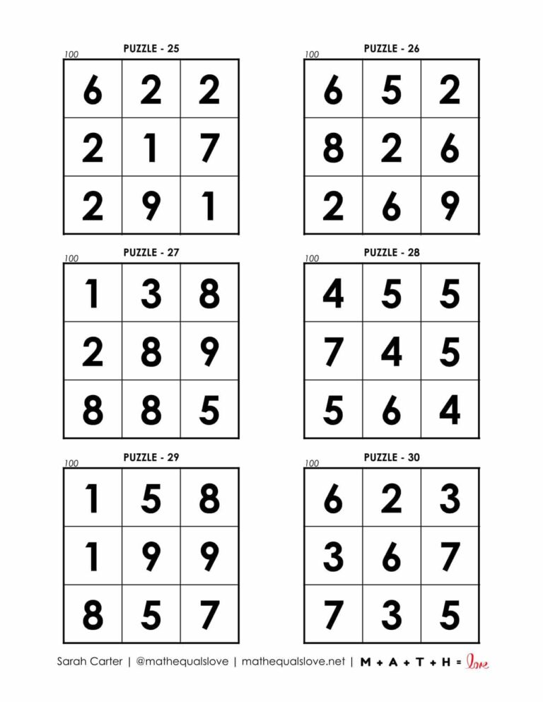 100 Square Digit Addition Logic Puzzles | Math = Love