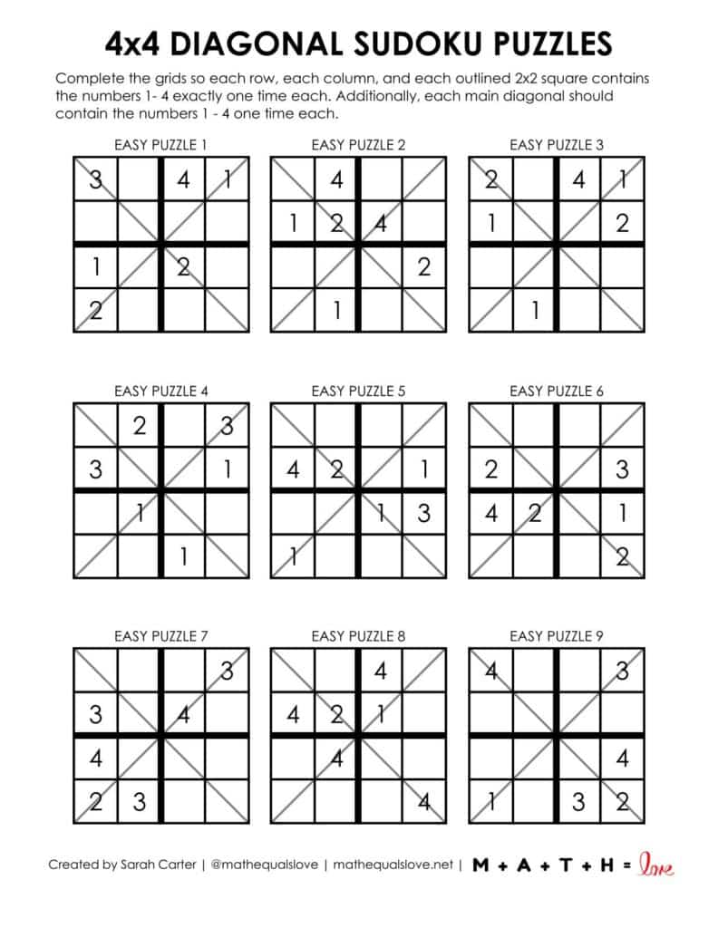 4x4 diagonal sudoku puzzles - level easy. 