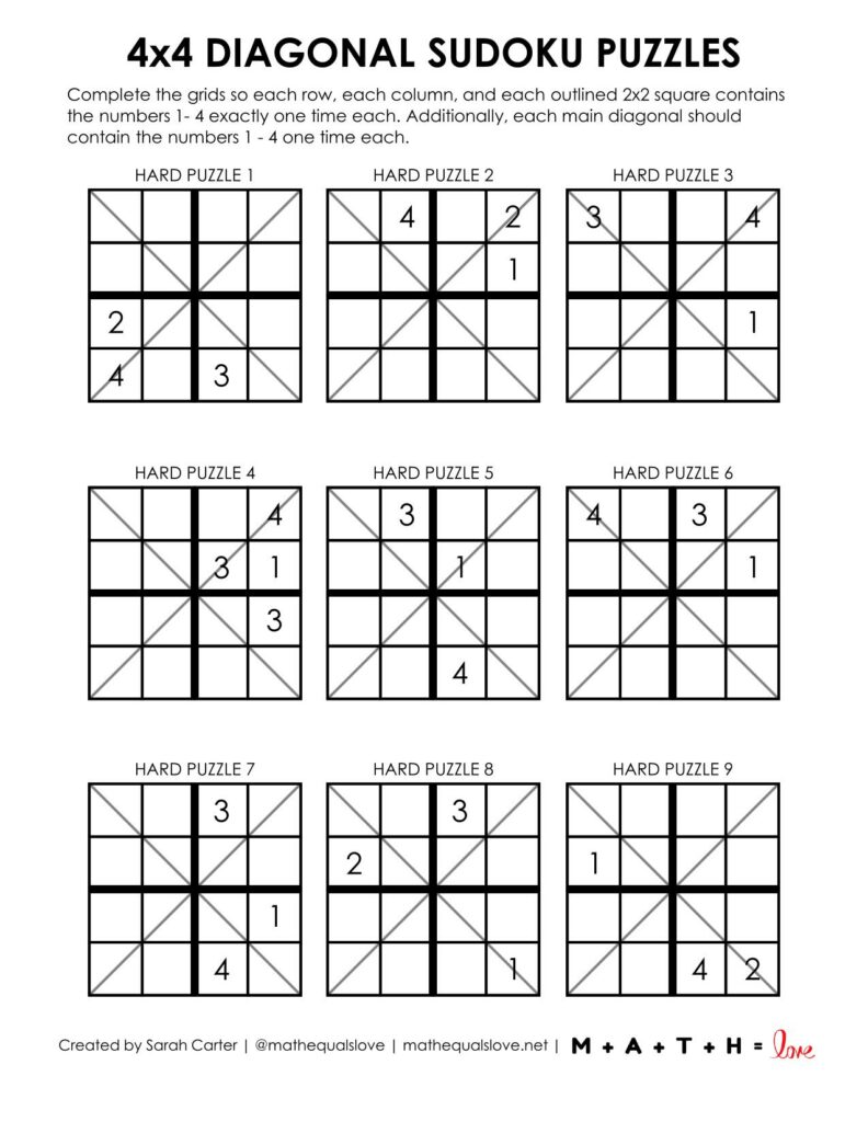 4x4 diagonal sudoku puzzles - level hard. 