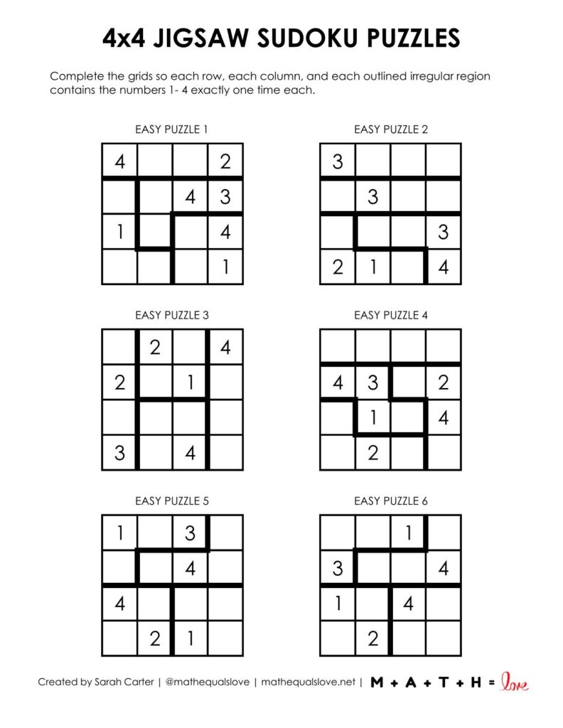 4x4 jigsaw sudoku - easy level printable. 