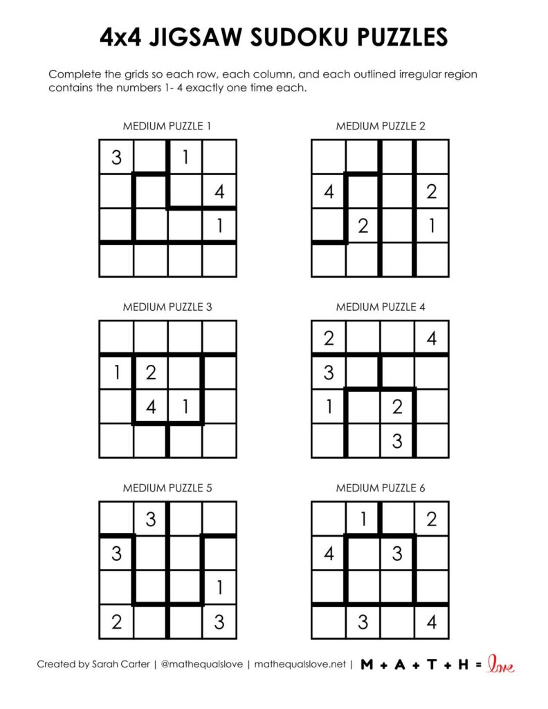 4x4 jigsaw sudoku - level medium printable. 