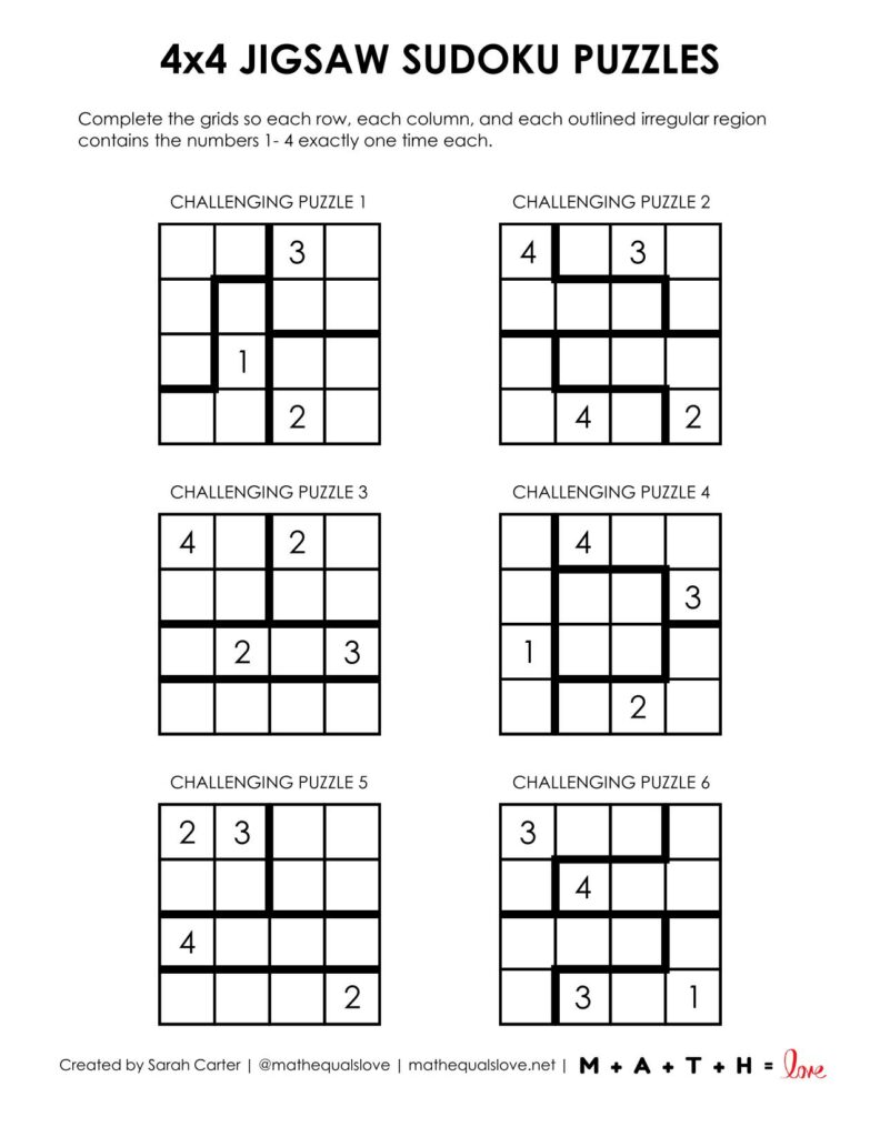 4x4 jigsaw sudoku - challenging level printable. 