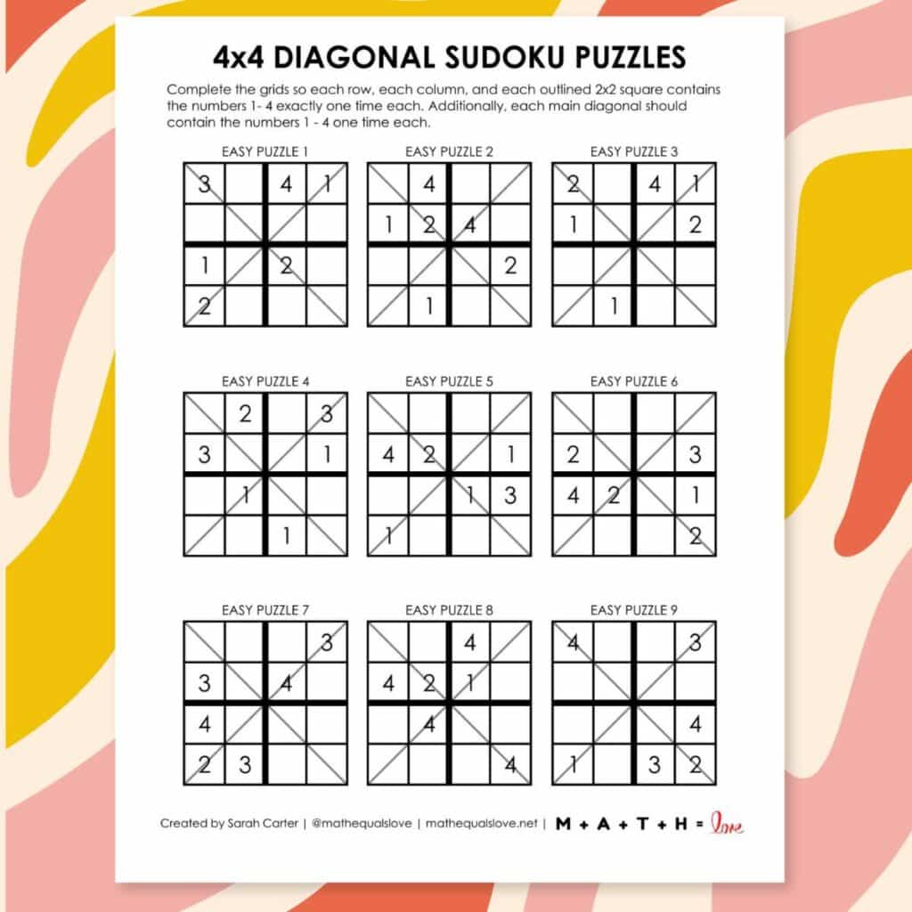 4x4 diagonal sudoku puzzles printable. 