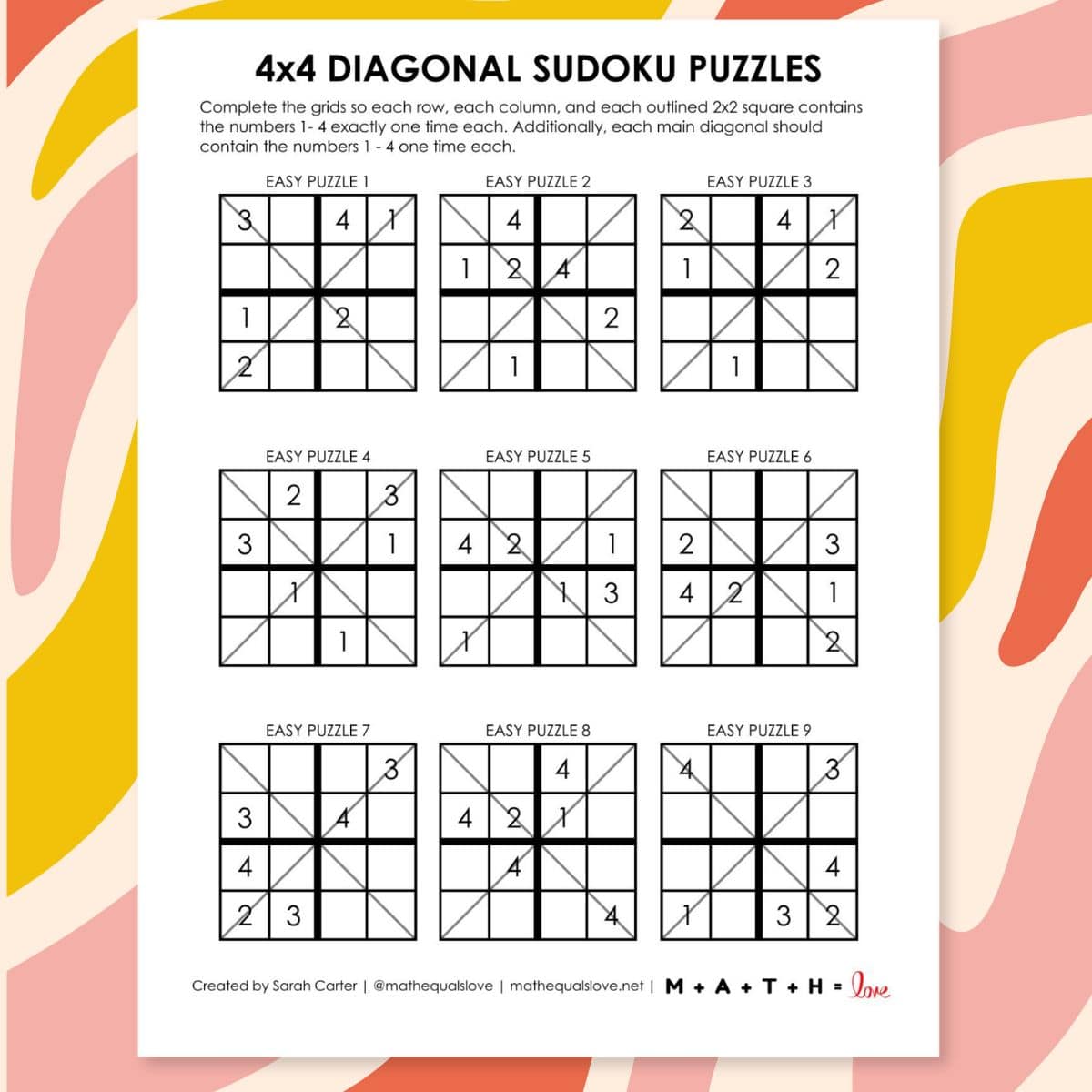 4x4 diagonal sudoku puzzles printable.