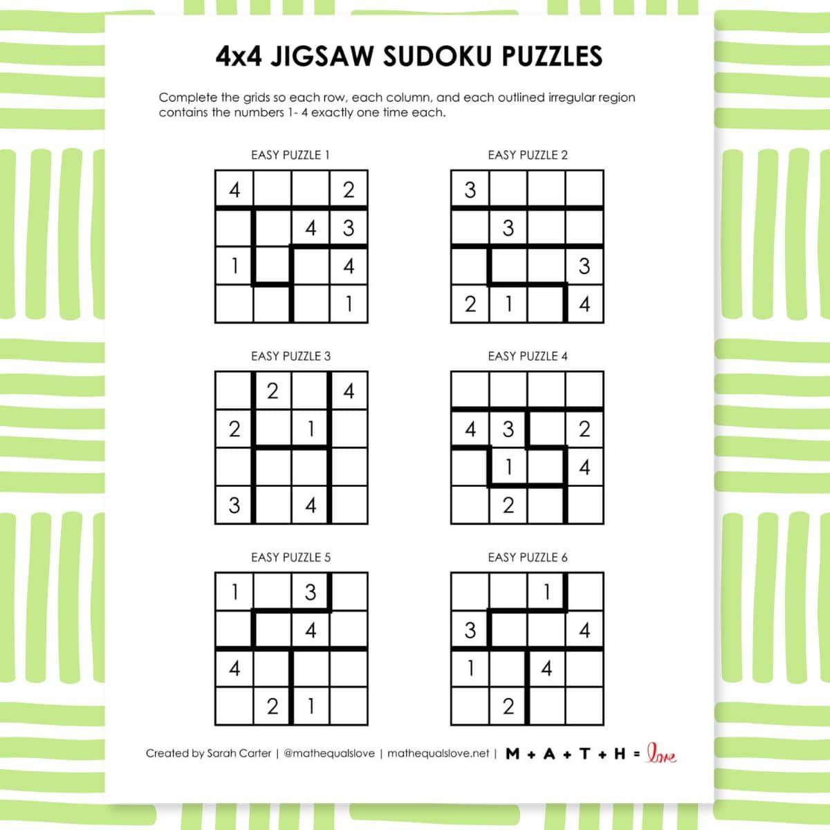 4x4 jigsaw sudoku puzzles printable.