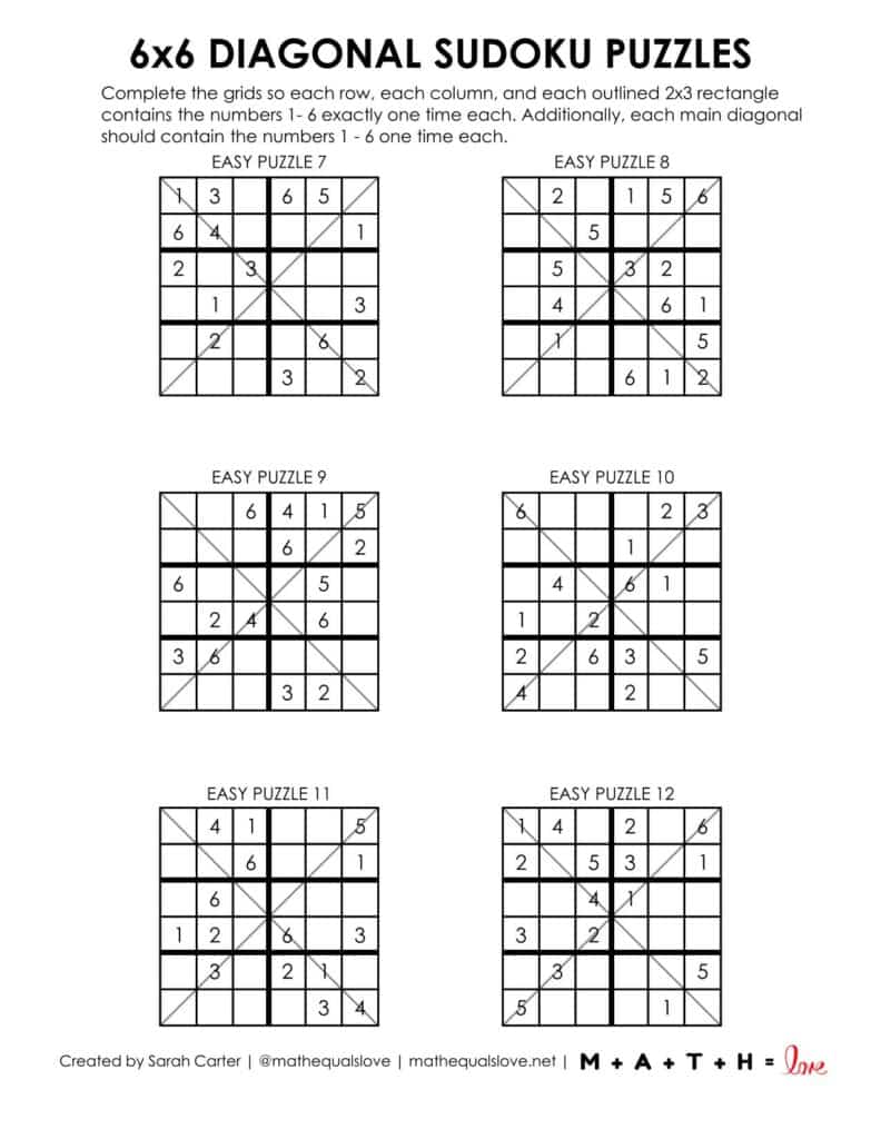 6x6 diagonal sudoku puzzles level easy page 2. 