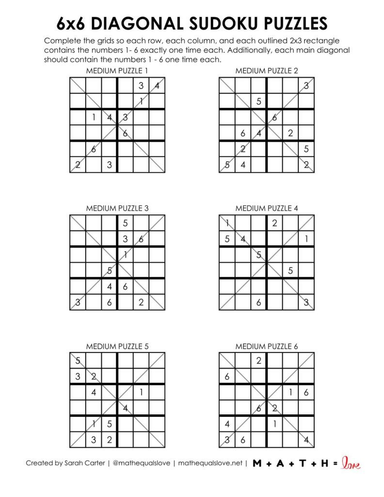 6x6 diagonal sudoku puzzles level medium page 1. 