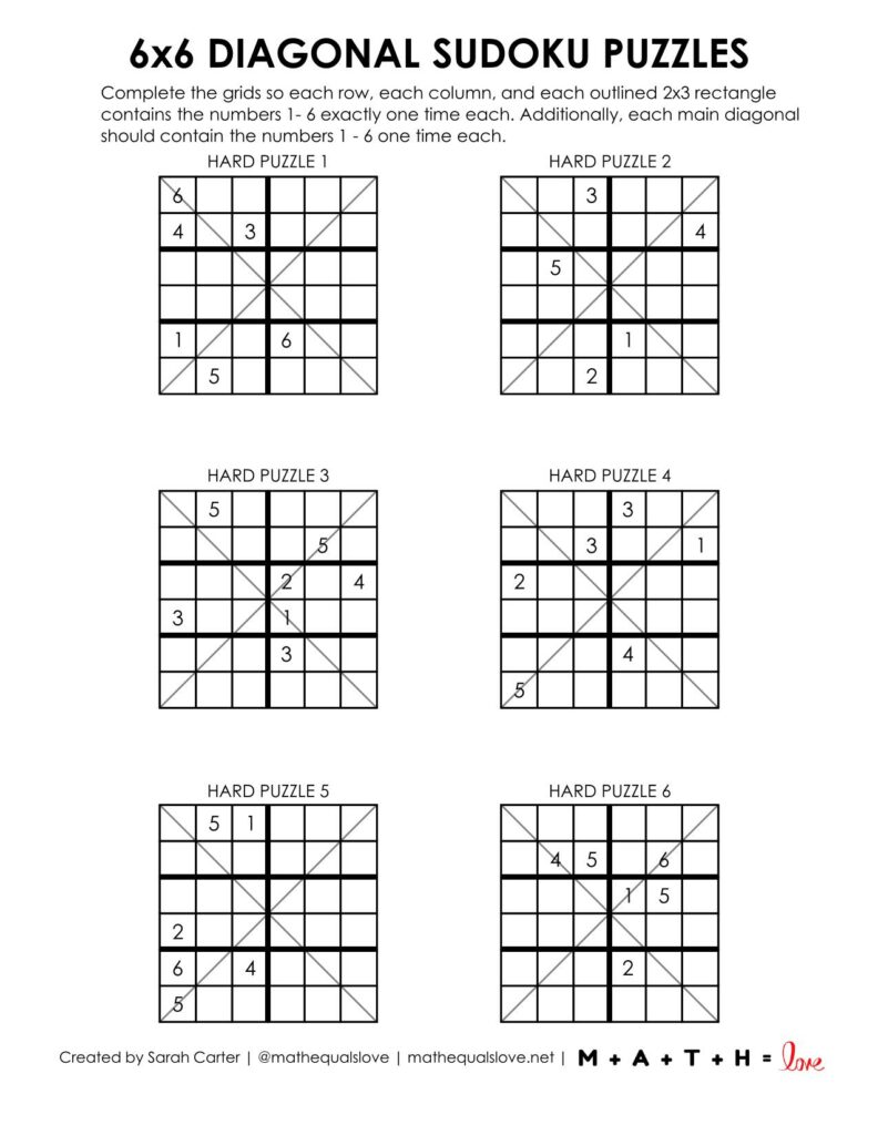 6x6 diagonal sudoku puzzle level hard page 1. 