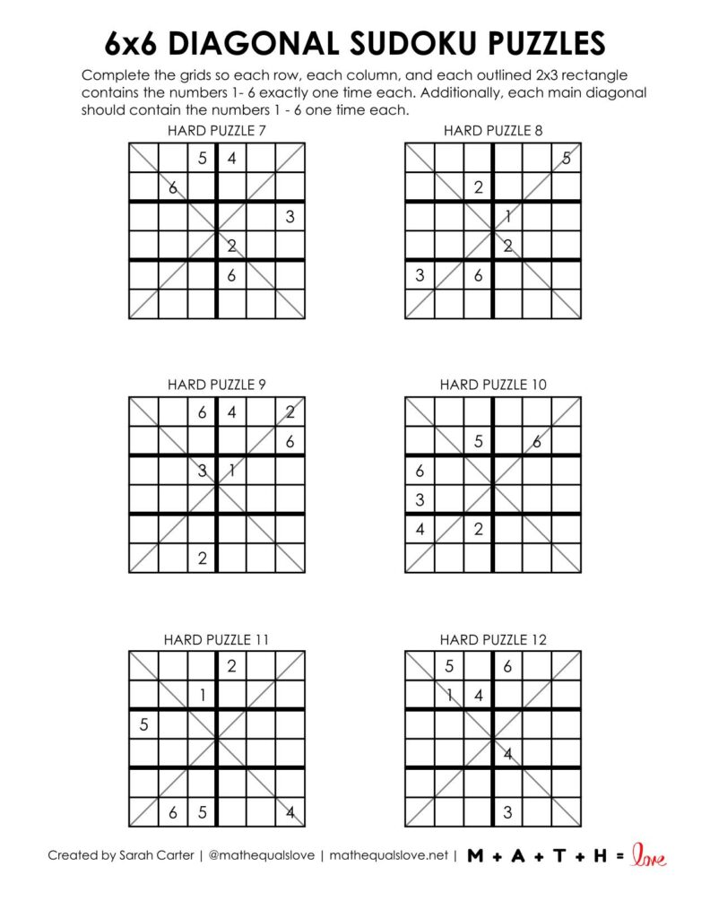 6x6 diagonal sudoku puzzle level hard page 2. 