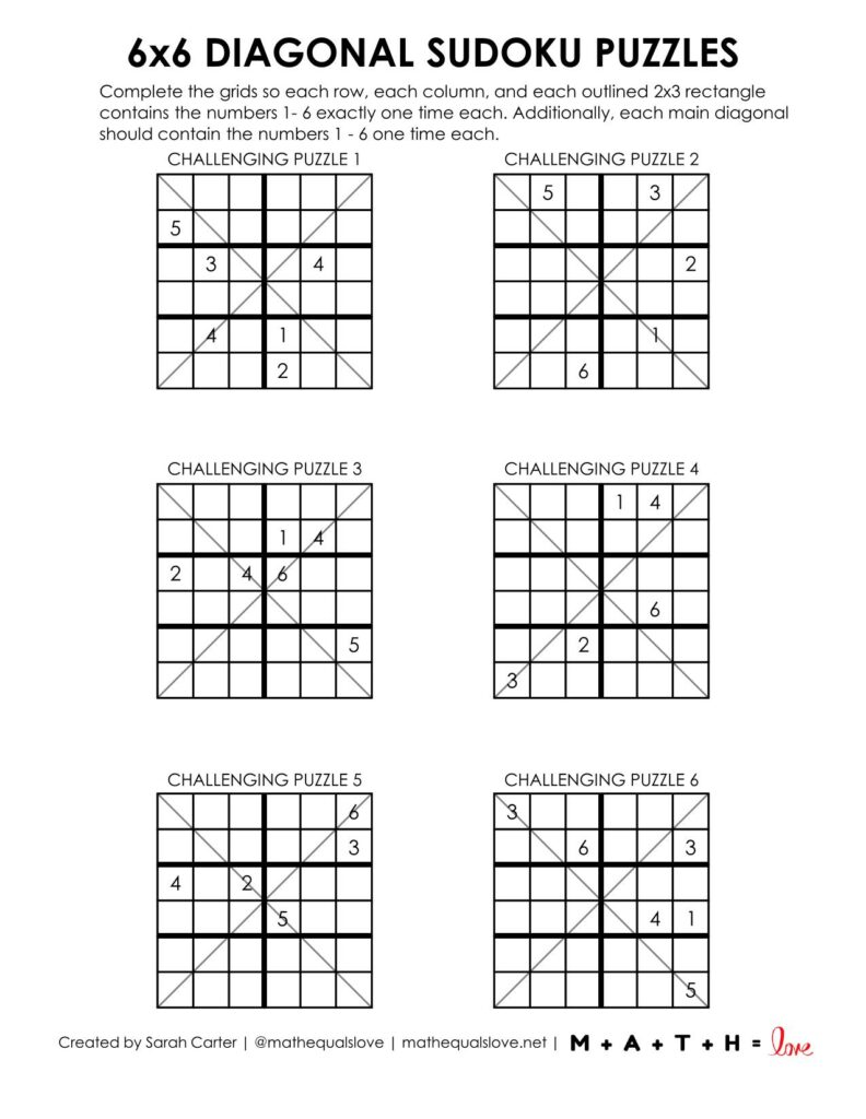 6x6 diagonal sudoku puzzle level challenging page 1. 