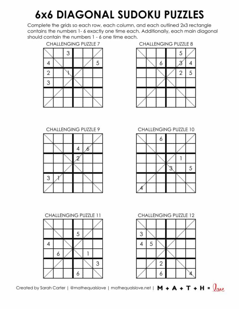 6x6 diagonal sudoku printable puzzle level challenging page 2. 