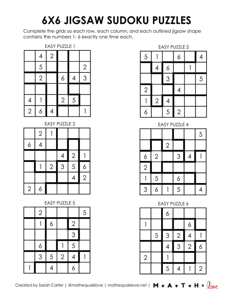 jigsaw sudoku 6x6 puzzle - level easy. 